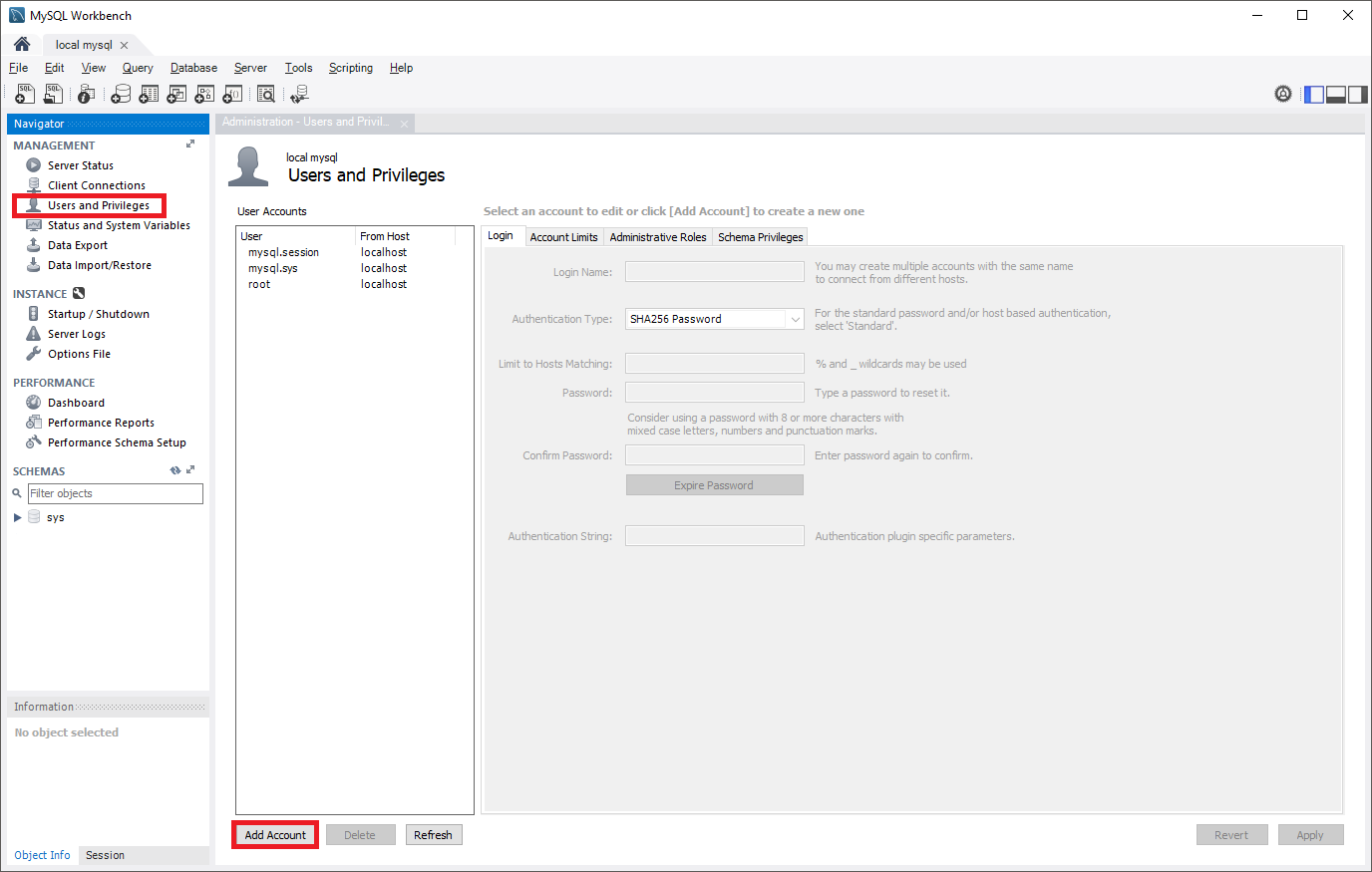 Screenshot of Users and Privileges.