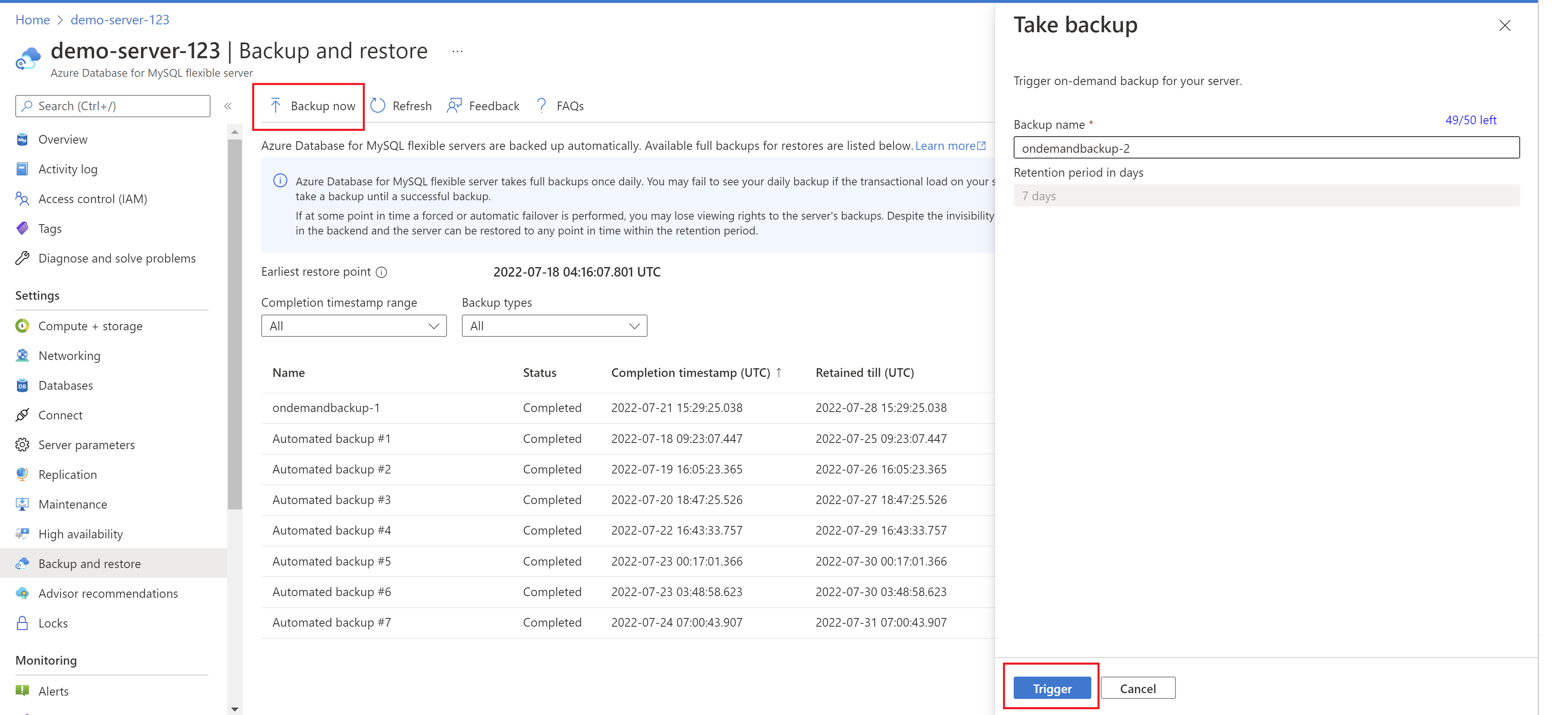 Screenshot showing how to trigger an on-demand backup.