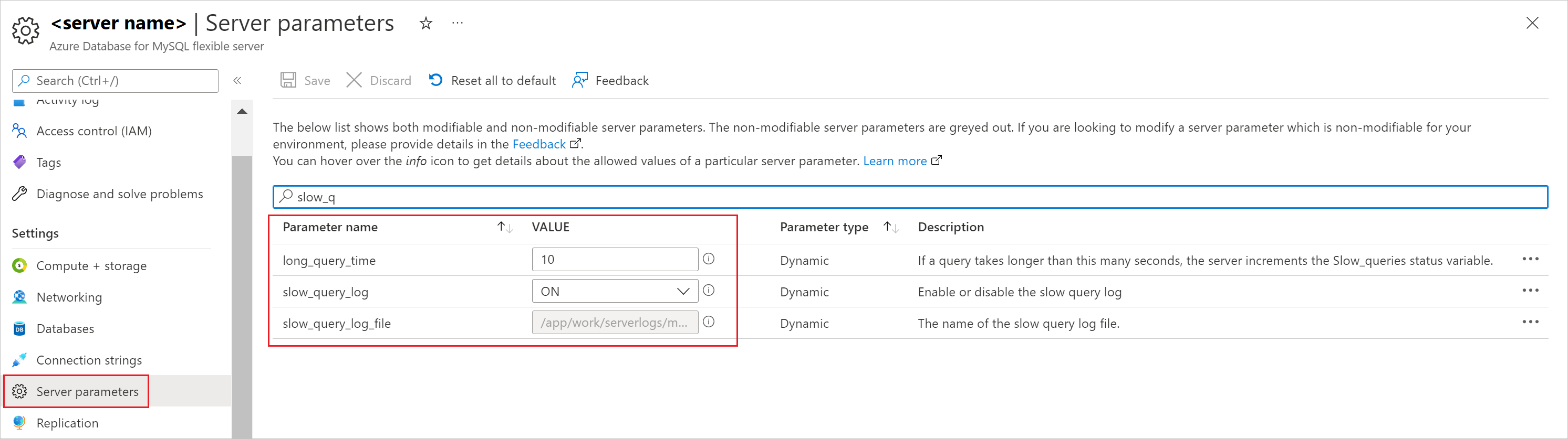 Screenshot of Azure Database for MySQL Flexible Server slow query log interface.