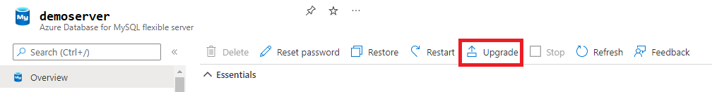 Screenshot showing Azure Database for MySQL Flexible Server Upgrade.