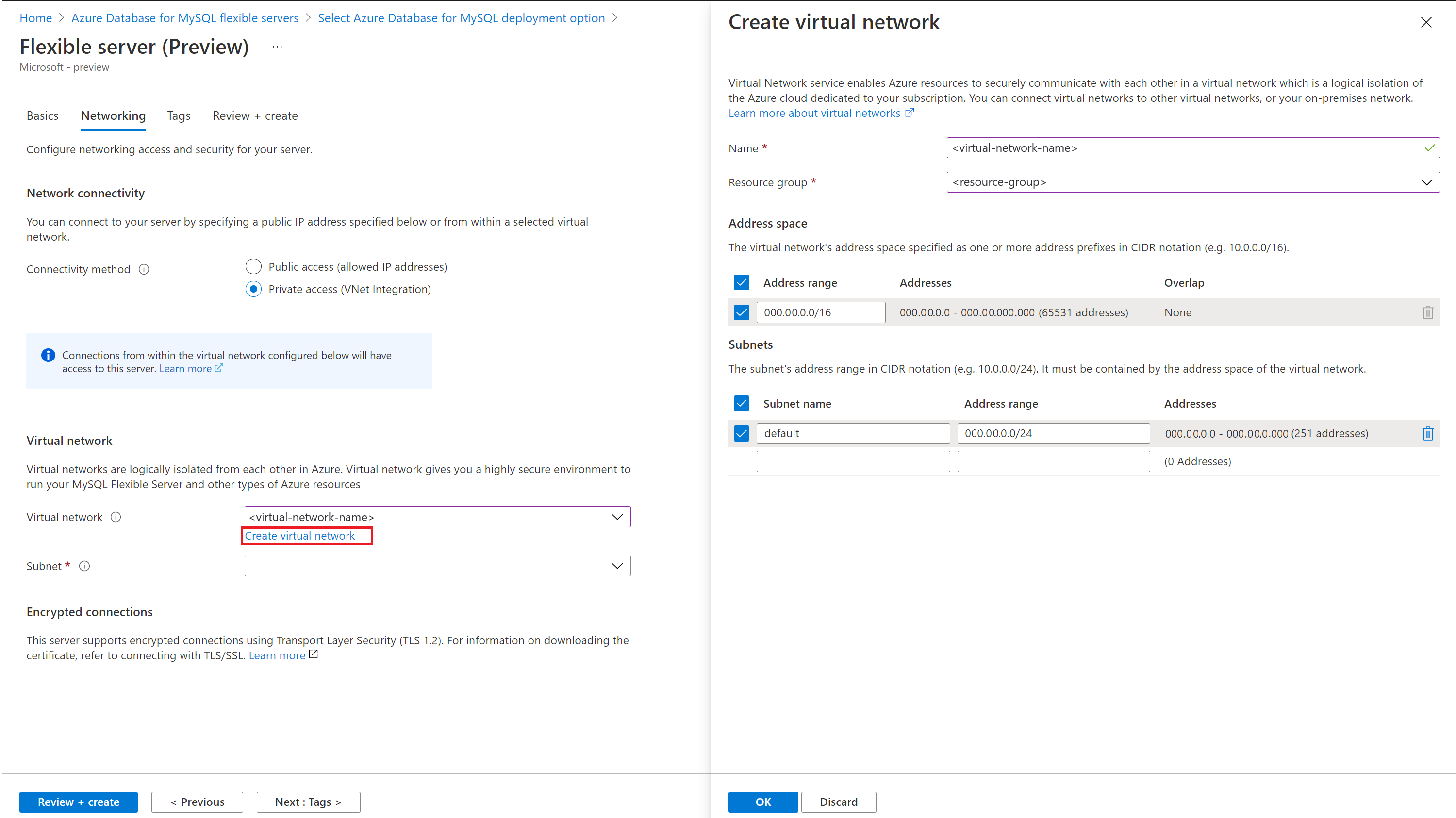 Screenshot that shows the Networking tab with new VNET.