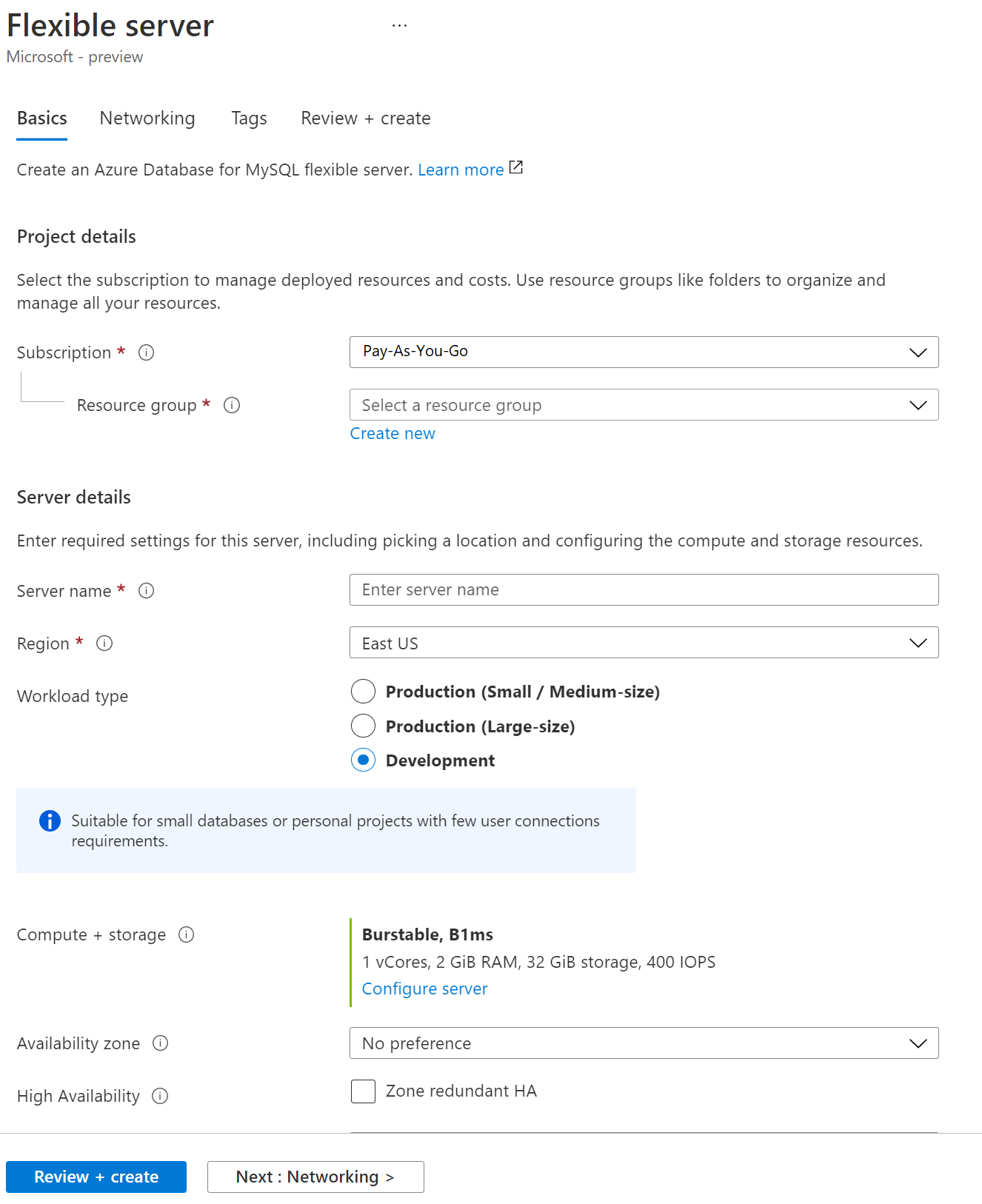 Screenshot that shows the Basics tab of the Flexible server page.