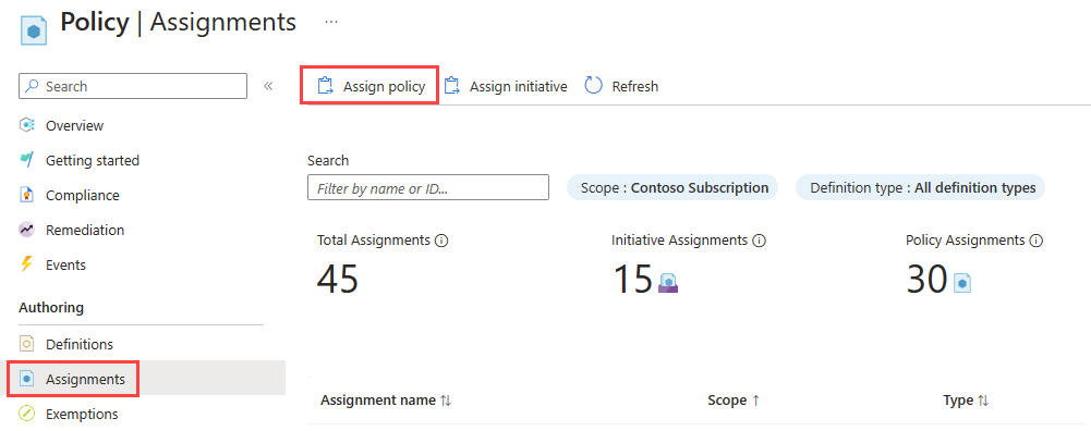 Screenshot of selecting Assign policy button in the Azure portal.