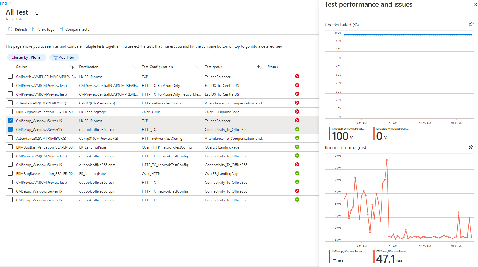 Screenshot showing comparison of 2 tests