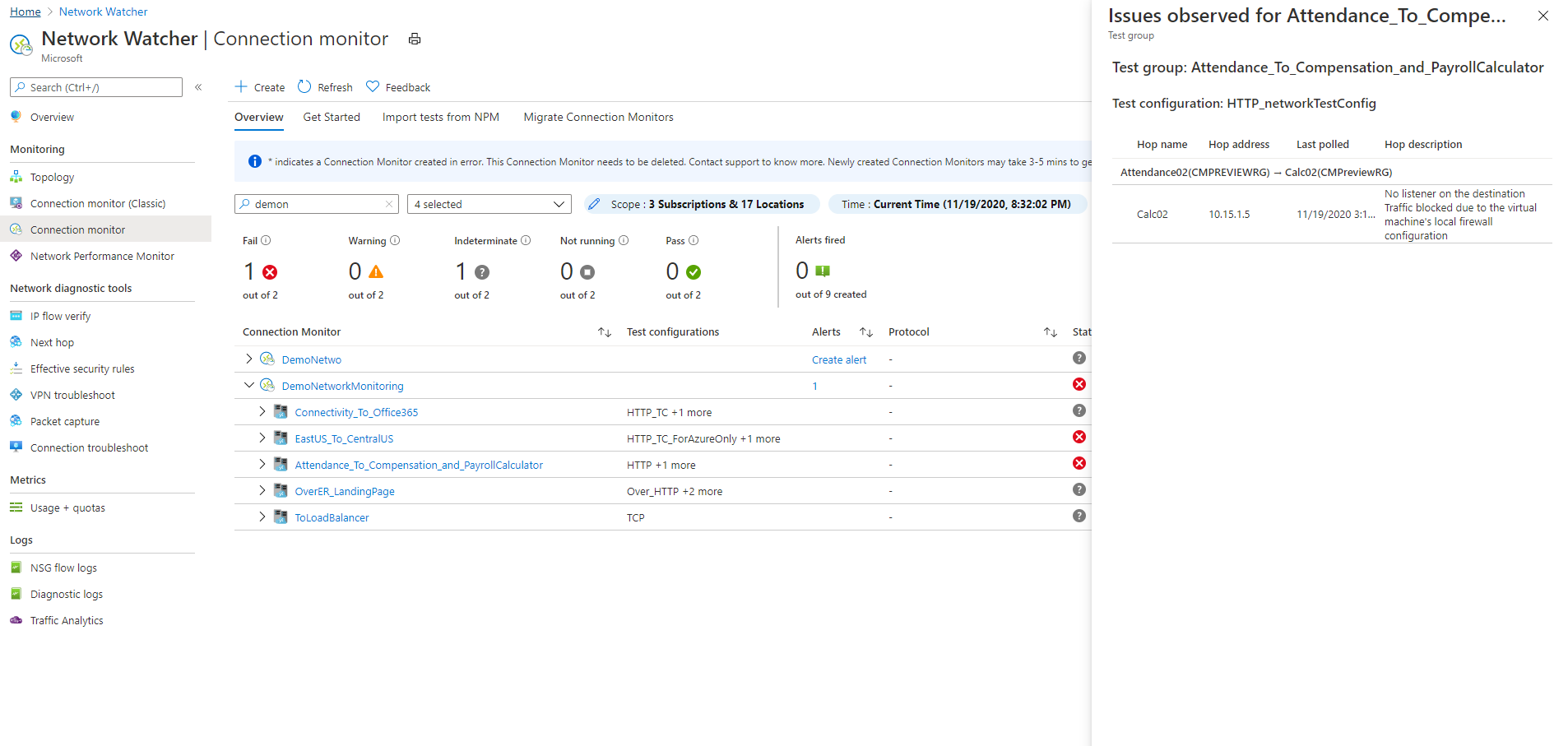 Screenshot showing the reason of failure for a connection monitor, test, or test group.