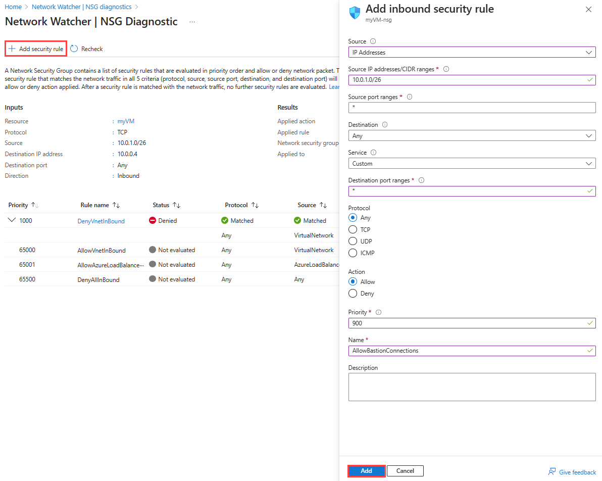 Screenshot showing how to add a new security rule to the network security group to allow the traffic to the virtual machine from the Bastion subnet.