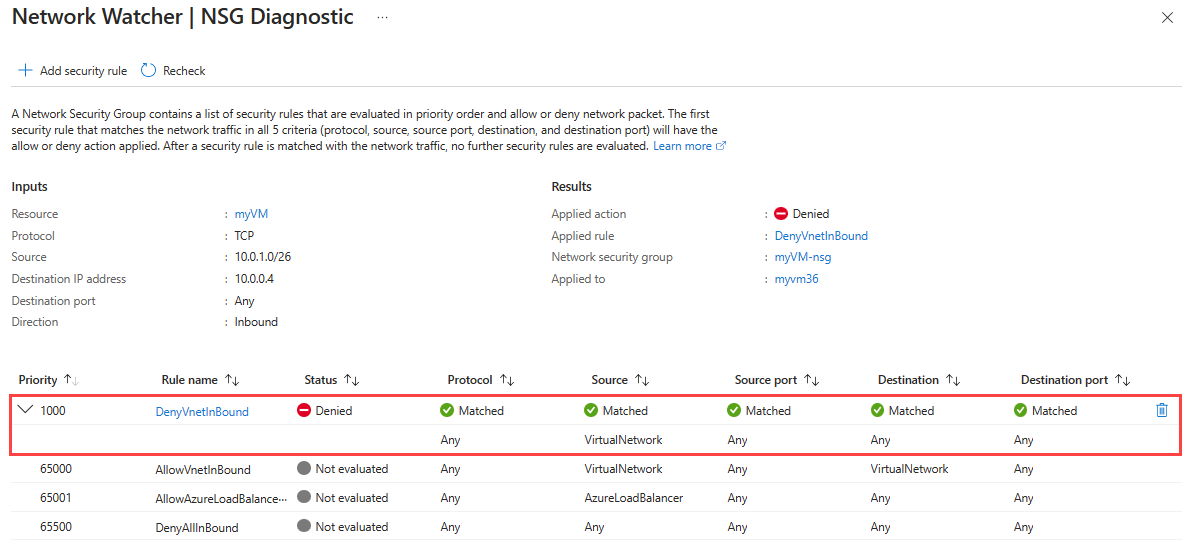 Screenshot showing the details of the network security group that denied the traffic to the virtual machine.