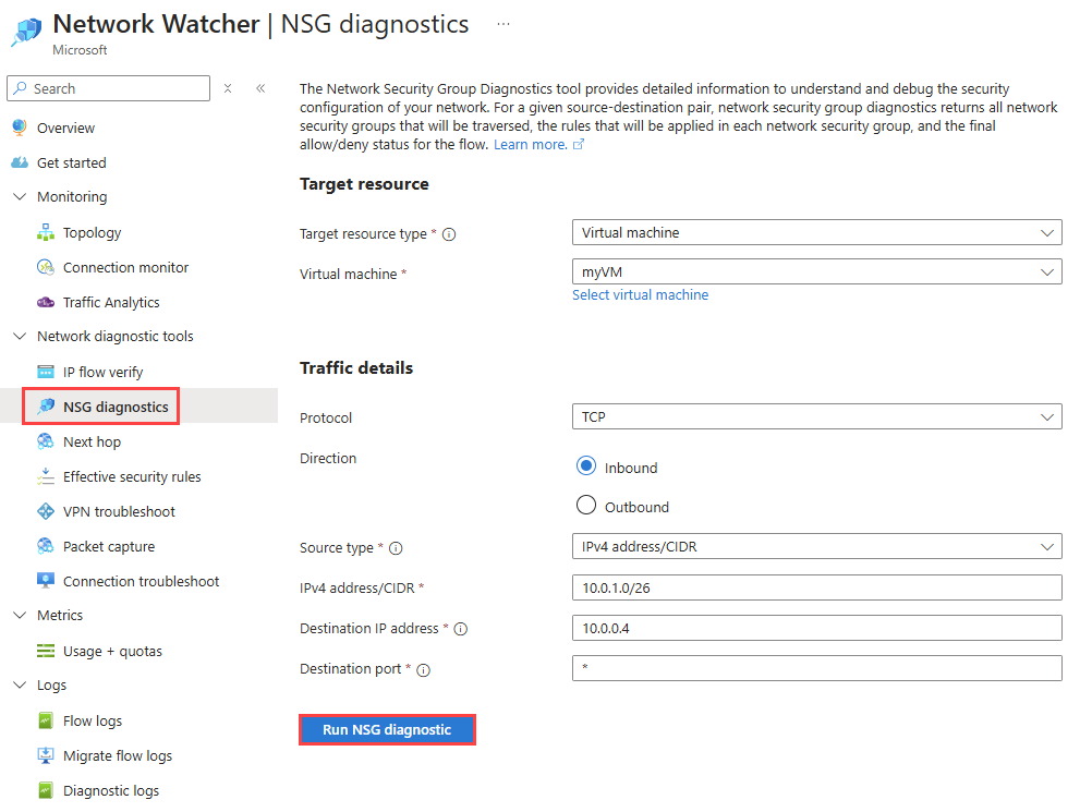 Screenshot showing required values for NSG diagnostics to test inbound connections to a virtual machine in the Azure portal.