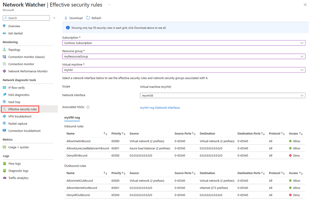 Screenshot of Effective security rules in Network Watcher.