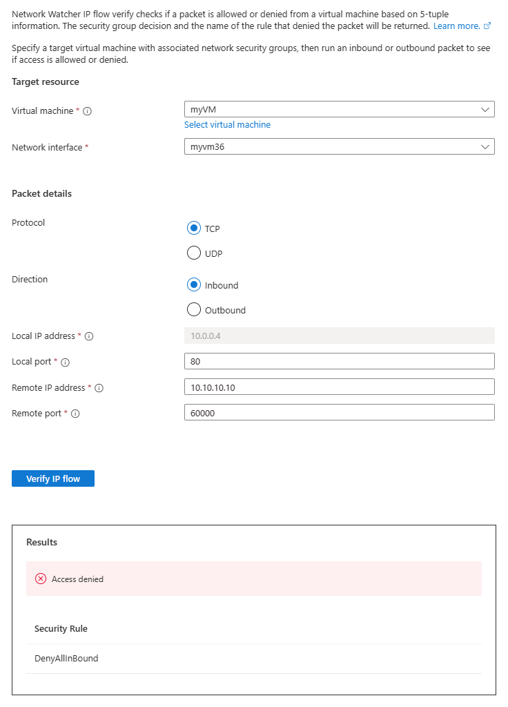 Screenshot shows the result of IP flow verify from IP address 10.10.10.10.