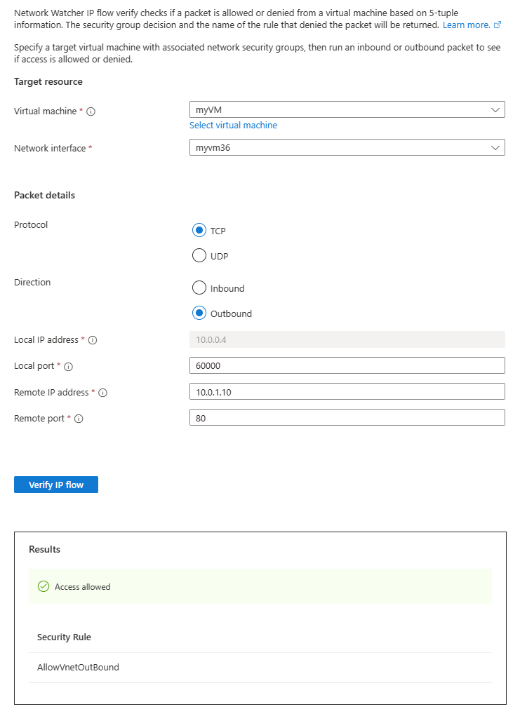 Screenshot shows the result of IP flow verify to IP address 10.0.1.10.