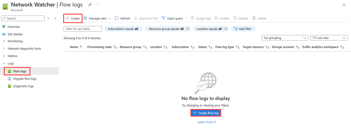 Screenshot of Network Watcher flow logs in the Azure portal.