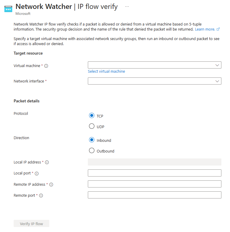 Screenshot of IP flow verify in the Azure portal.
