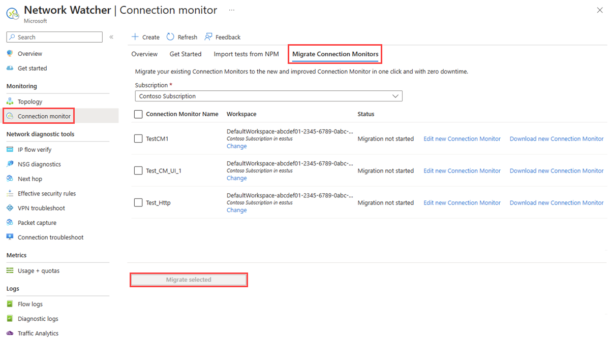 Screenshot showing the migration of connection monitors to the new Connection monitor.