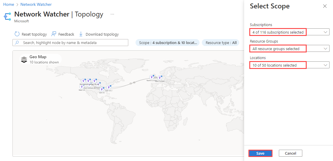 Screenshot shows how to select the scope of the topology.