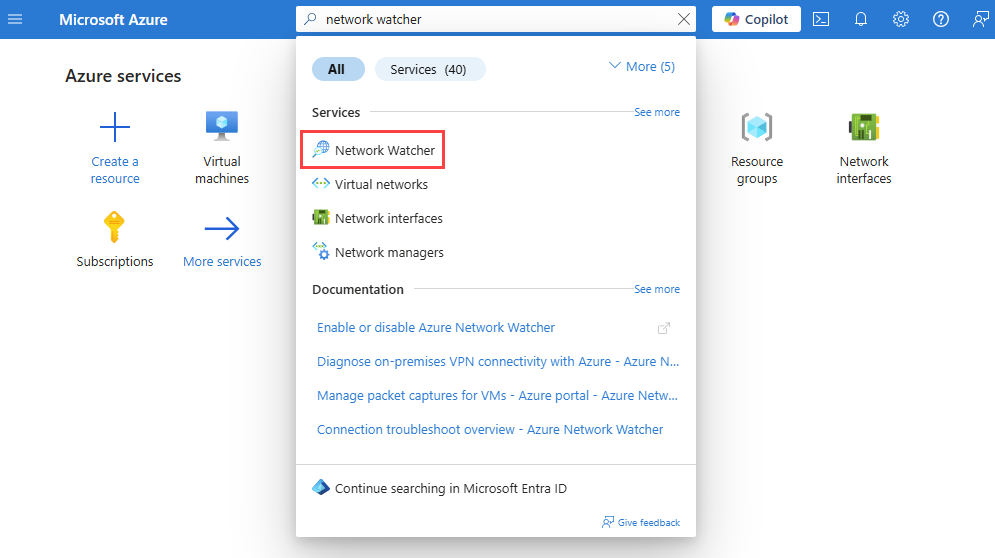 Screenshot that shows how to search for Network Watcher in the Azure portal.