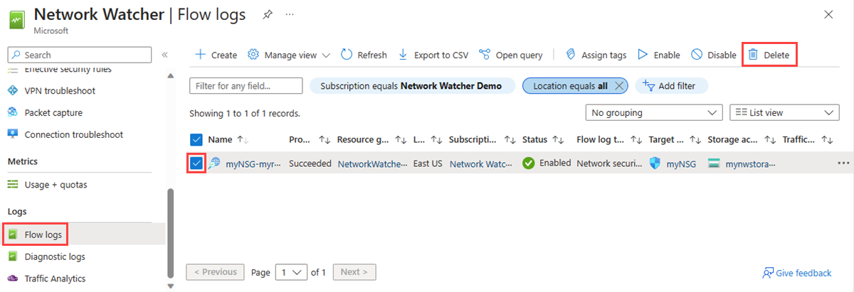 Screenshot shows how to delete a flow log in the Azure portal.