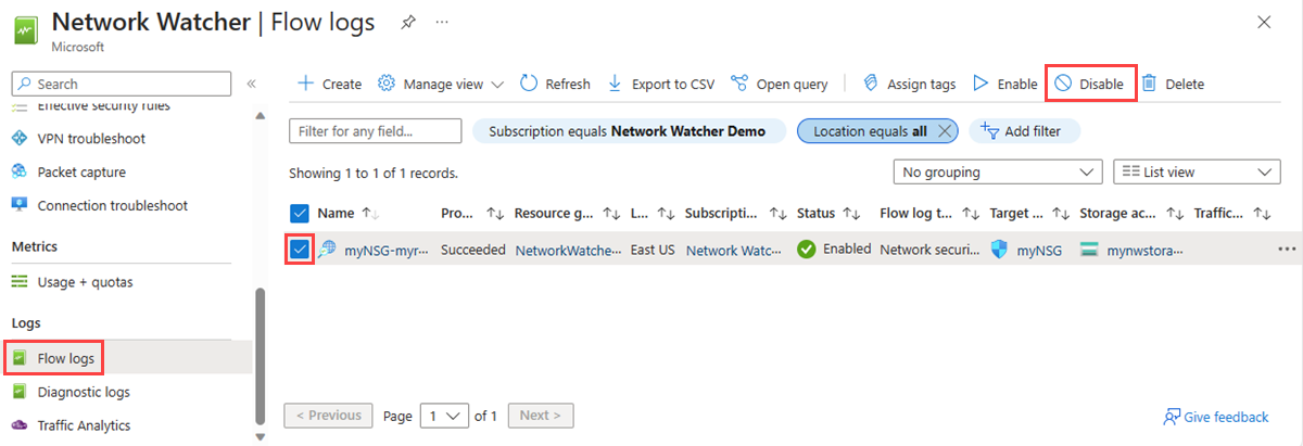 Screenshot shows how to disable a flow log in the Azure portal.
