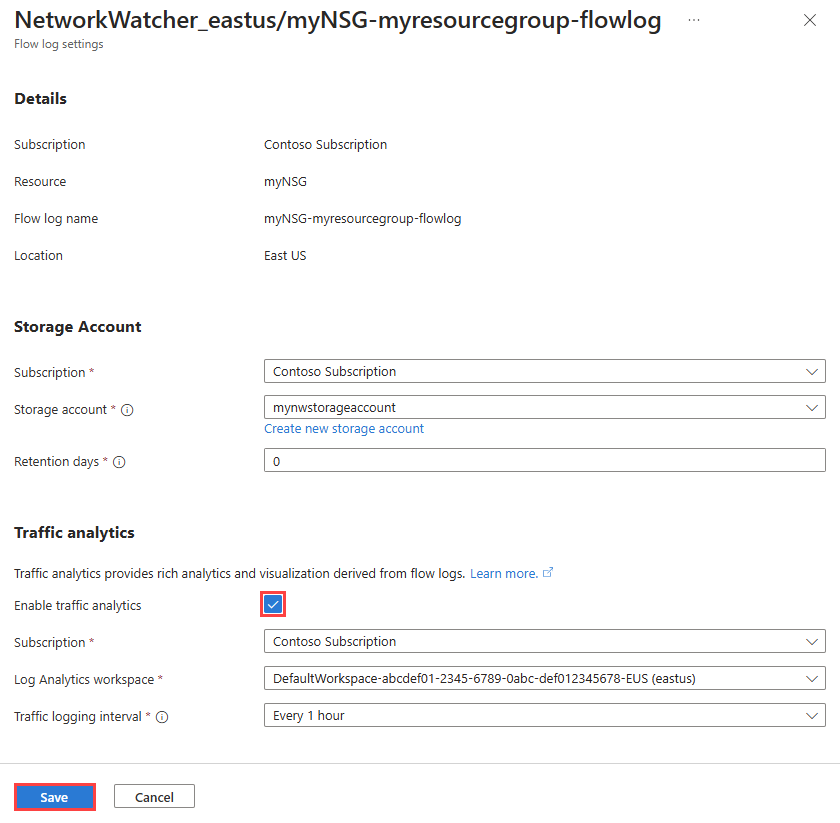 Screenshot that shows how to disable traffic analytics for an existing flow log in the Azure portal.
