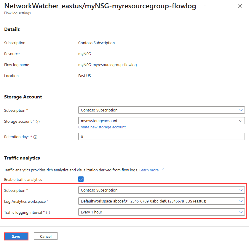 Screenshot that shows configurations of traffic analytics for an existing flow log in the Azure portal.