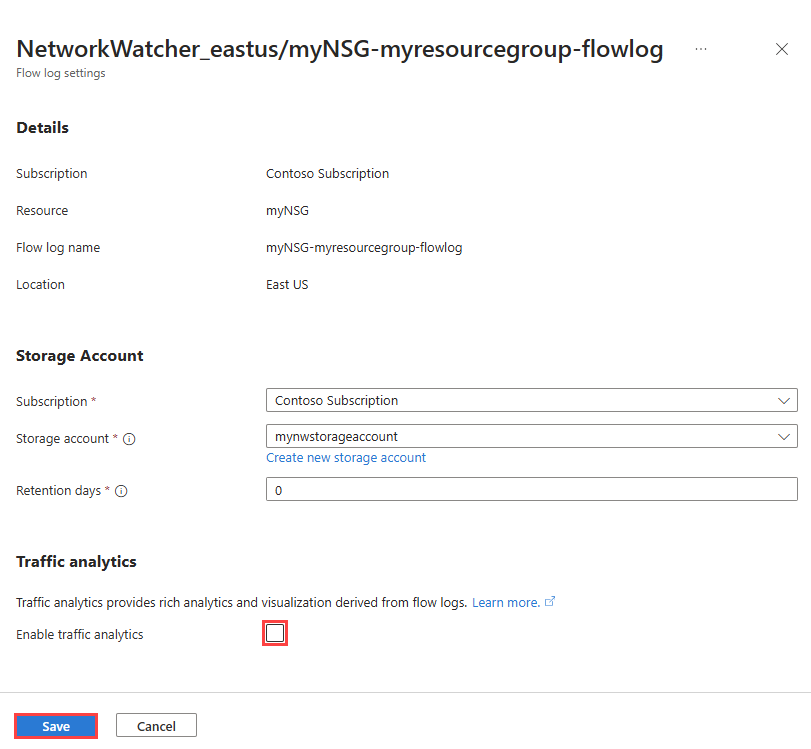 Screenshot that shows how to enable traffic analytics for an existing flow log in the Azure portal.