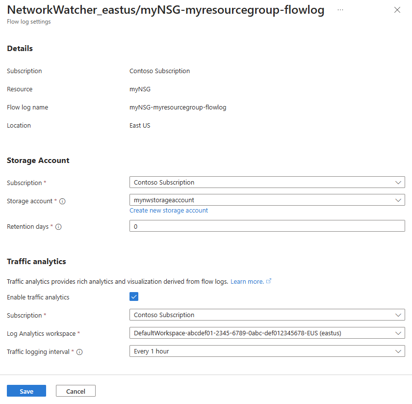 Screenshot of Flow logs settings page in the Azure portal.