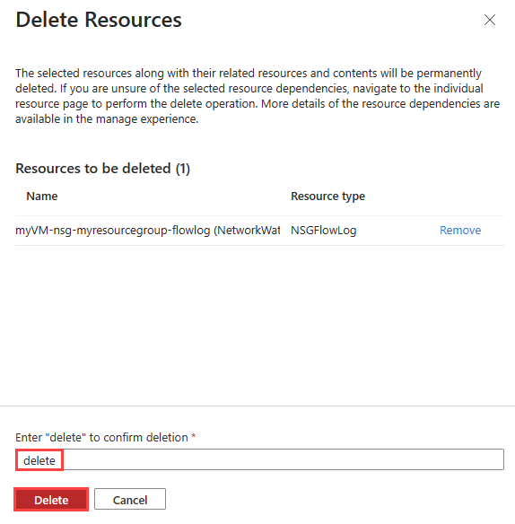Screenshot that shows how to confirm the deletion of migrated flow logs.