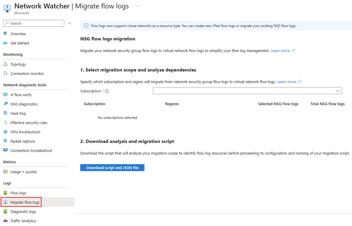 Screenshot that shows the network security group flow logs migration page in the Azure portal.