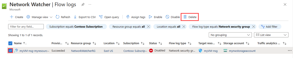 Screenshot that shows how to select and delete the migrated network security group flow logs.