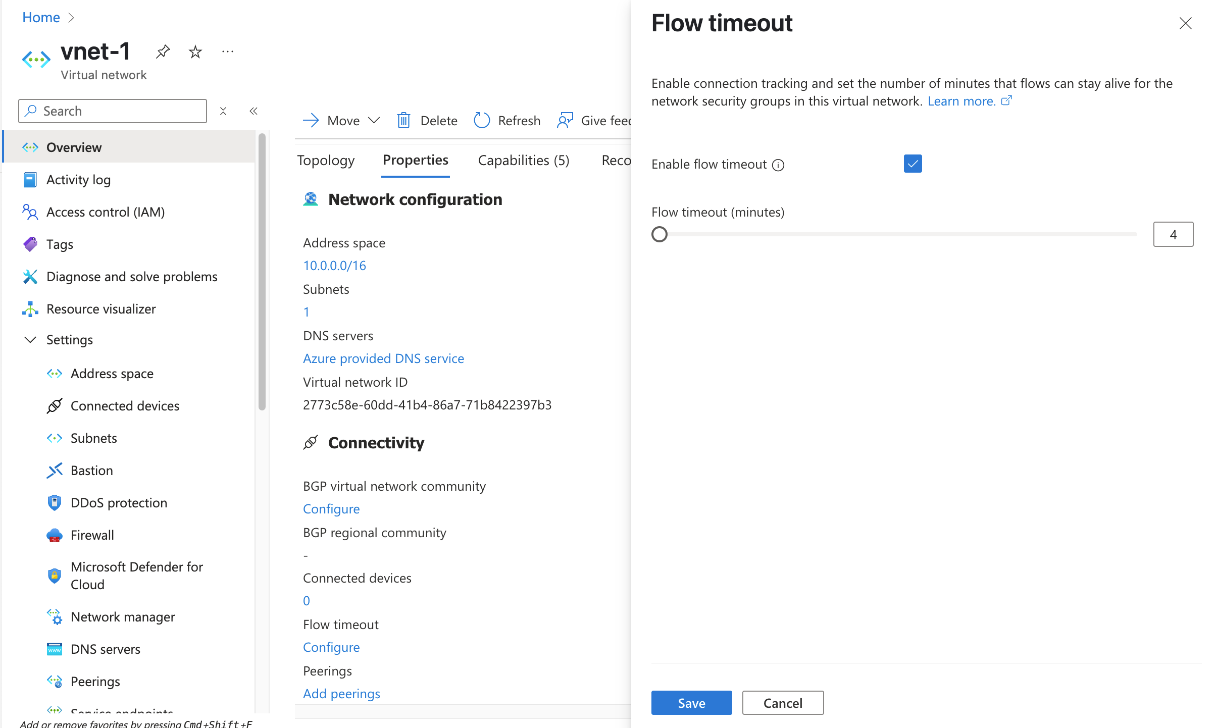 Screenshot showing the virtual network timeout settings in the Azure portal.