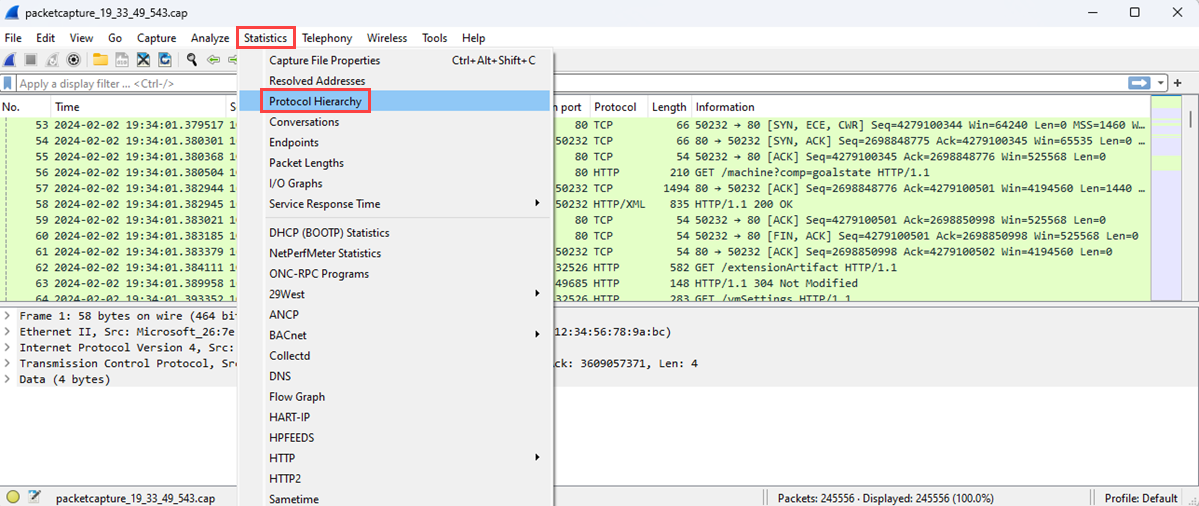 Screenshot that shows how to get to Protocol Hierarchy from the Statistics menu in Wireshark.
