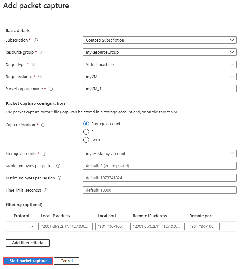 Screenshot of Add packet capture in the Azure portal showing available options.