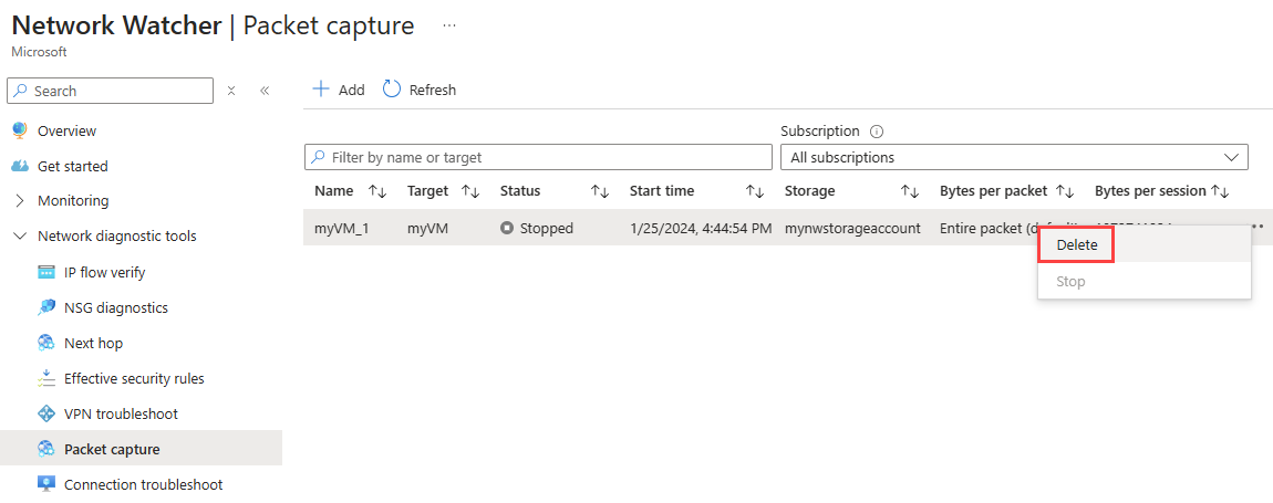 Screenshot that shows how to delete a packet capture from Network Watcher in Azure portal.
