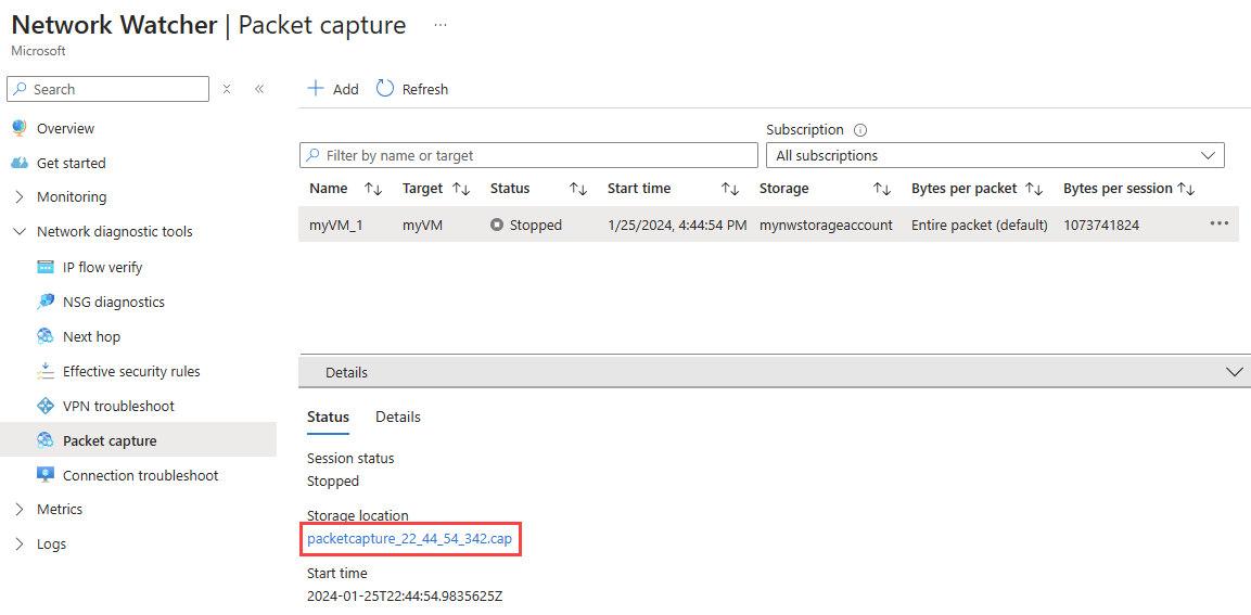 Screenshot that shows how to select the packet capture file in the Azure portal.
