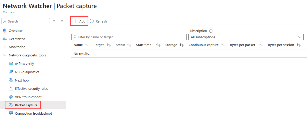 Screenshot that shows Network Watcher packet capture in the Azure portal.