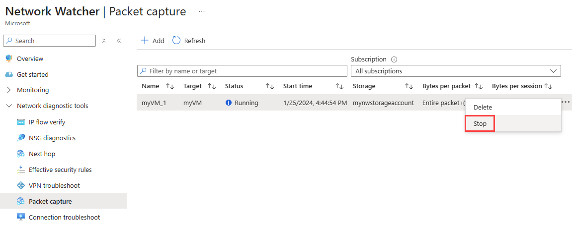 Screenshot that shows how to stop a packet capture in the Azure portal.