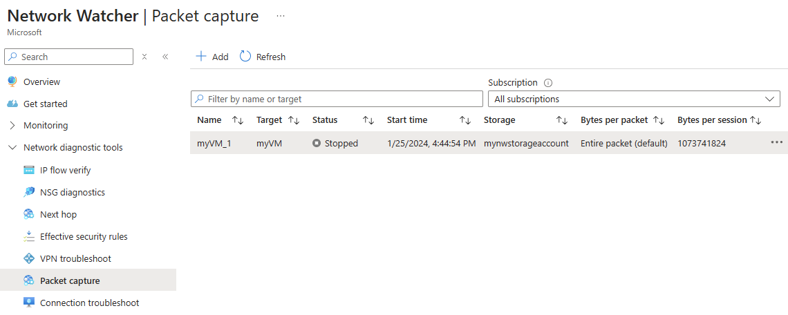 Screenshot that shows how to list and see packet captures in the Azure portal.