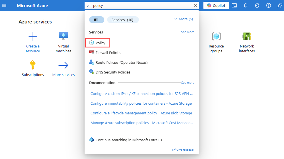 Screenshot that shows how to search for Azure Policy in the Azure portal.