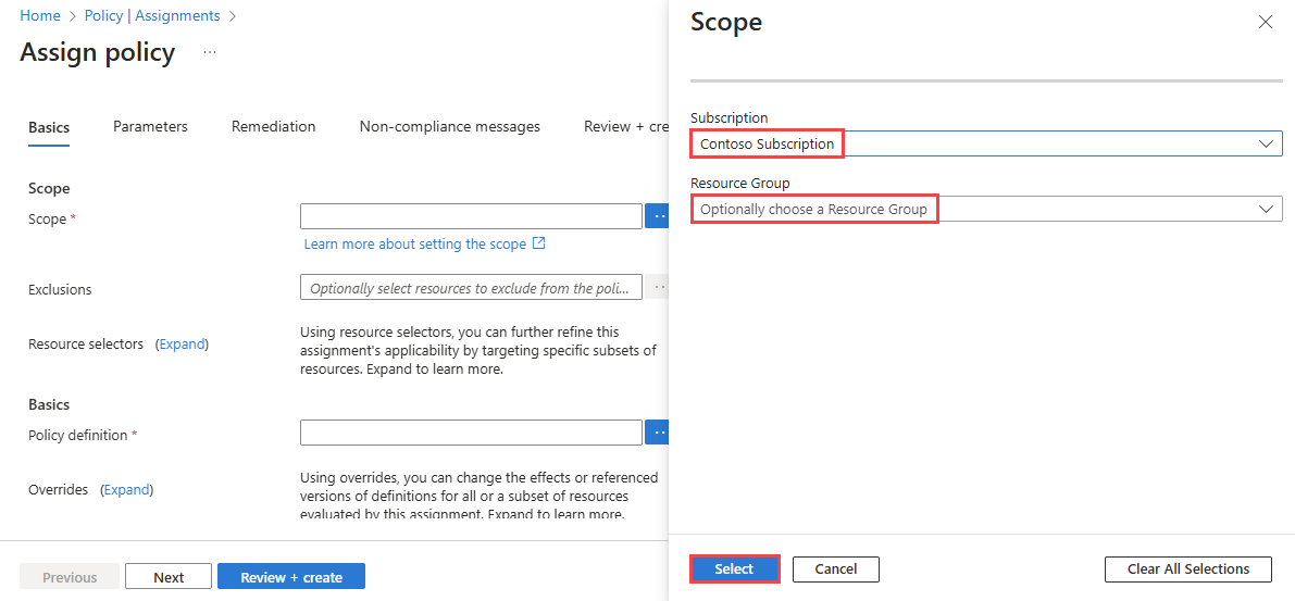 Screenshot of selecting the scope of the policy in the Azure portal.