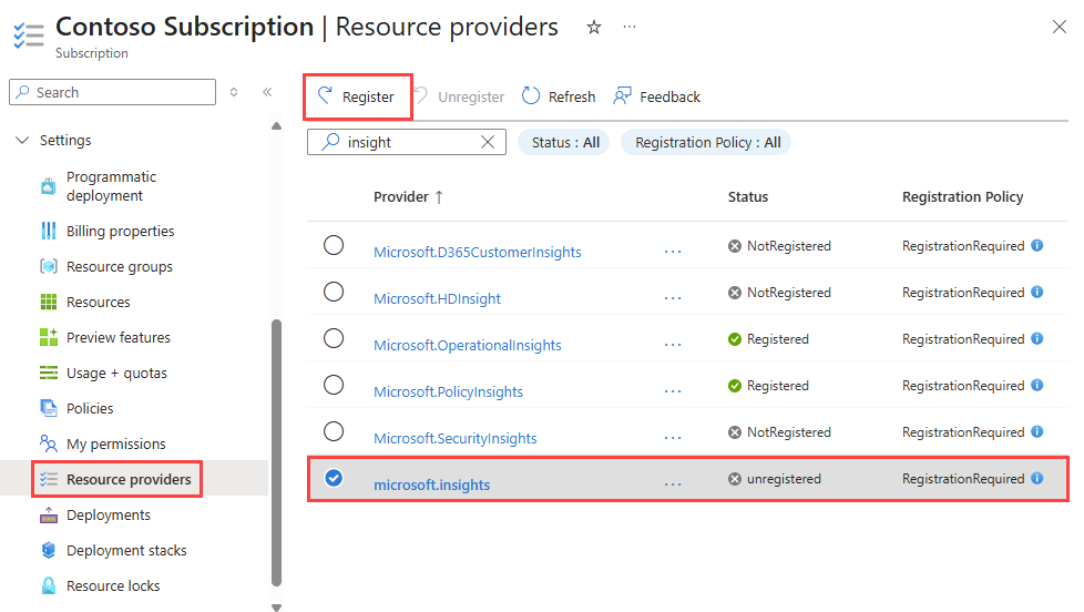 Screenshot that shows how to register Microsoft Insights provider in the Azure portal.