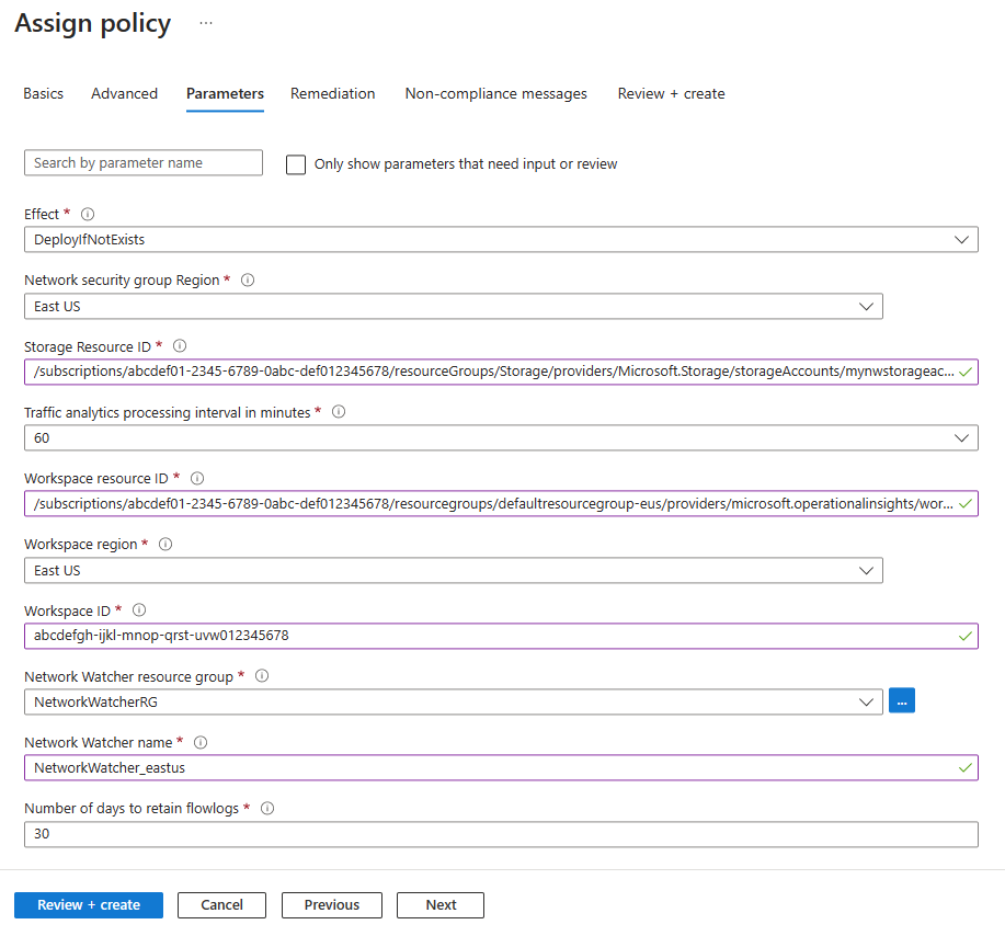 Screenshot of the Parameters tab of assigning a deploy policy in the Azure portal.