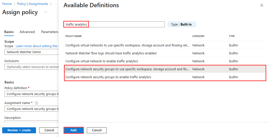 Screenshot of selecting a deployIfNotExists policy in the Azure portal.