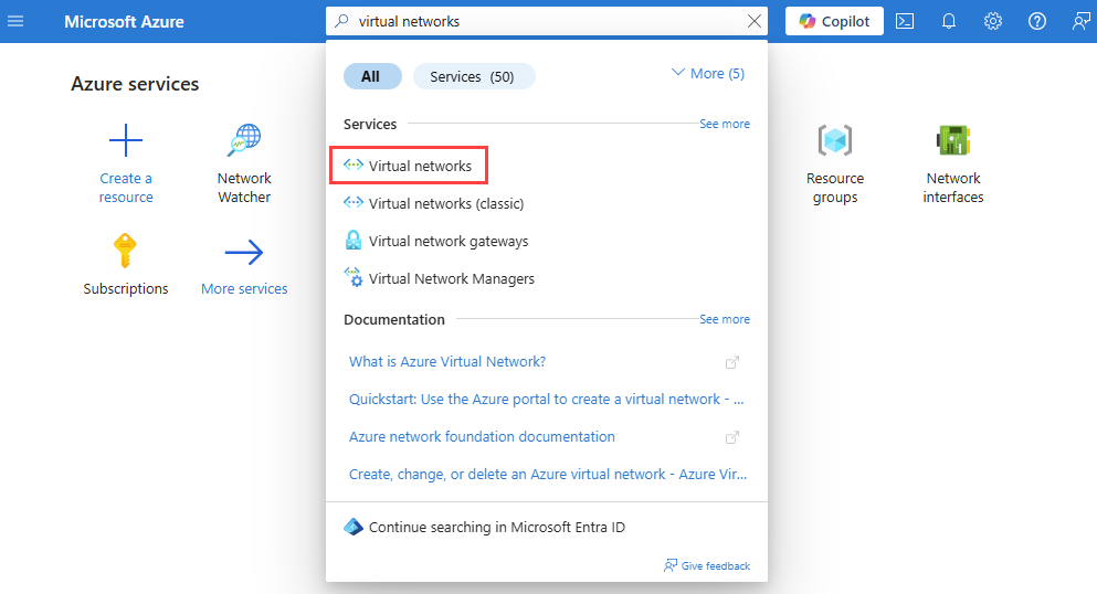Screenshot that shows how to search for virtual networks in the Azure portal.