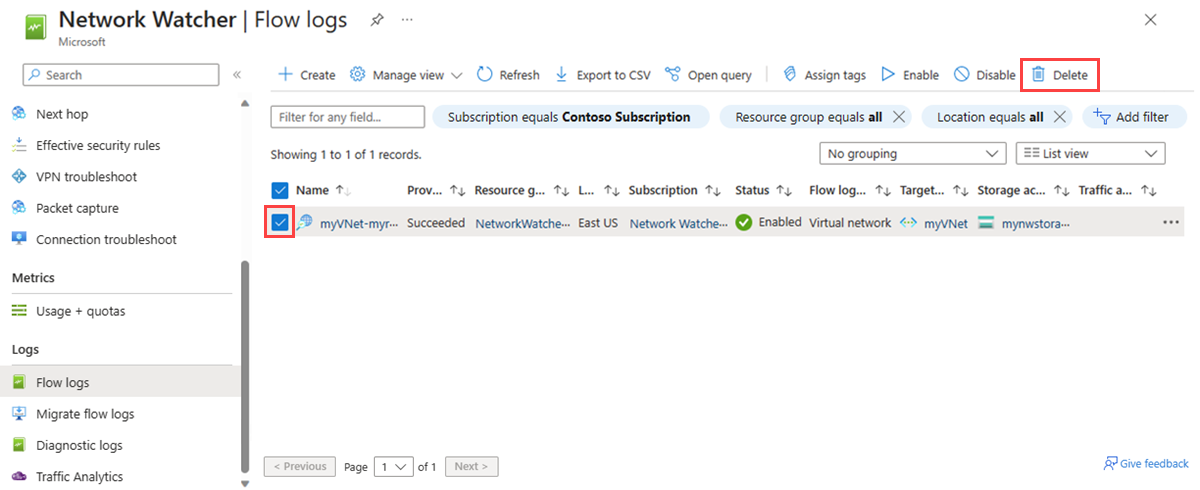 Screenshot shows how to delete a flow log in the Azure portal.