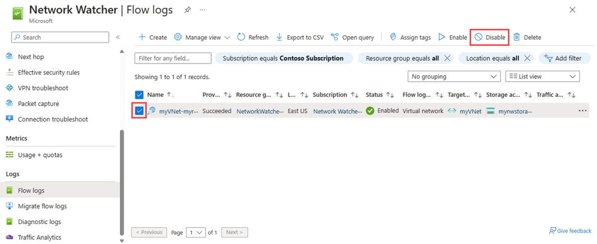 Screenshot shows how to disable a flow log in the Azure portal.