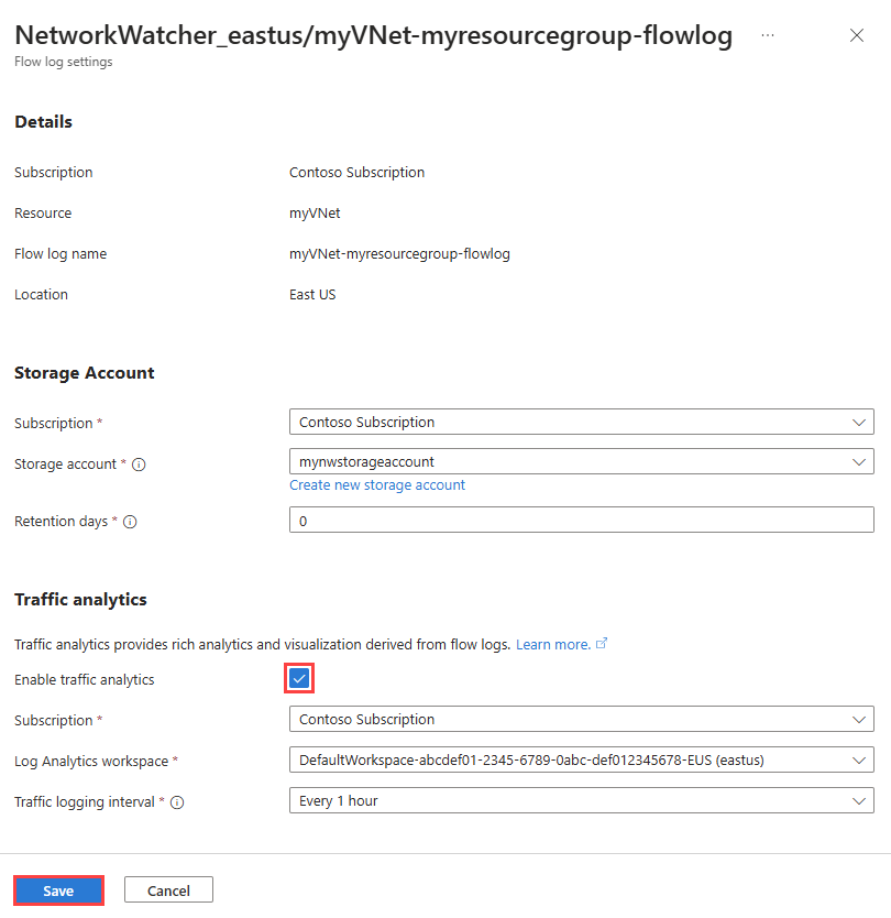 Screenshot that shows how to disable traffic analytics for an existing flow log in the Azure portal.