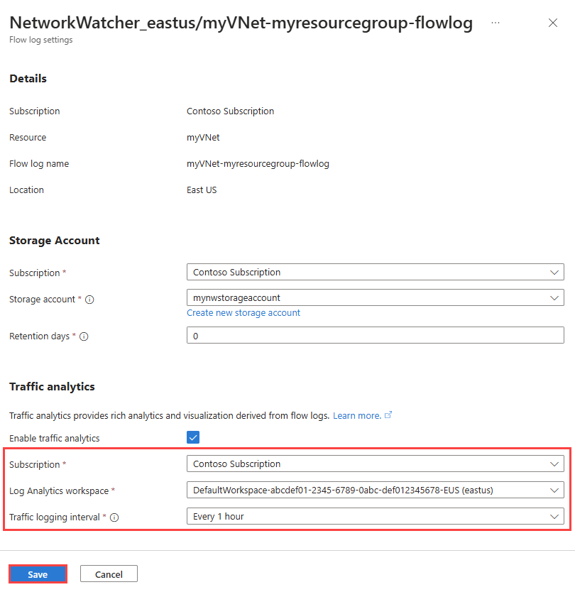 Screenshot that shows configurations of traffic analytics for an existing flow log in the Azure portal.