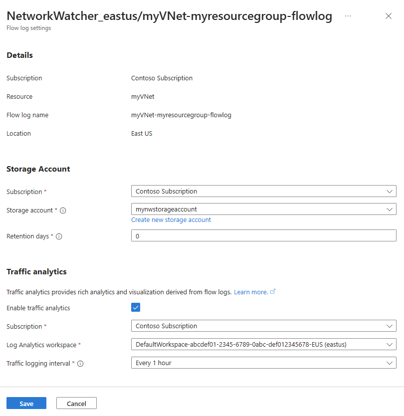 Screenshot of Flow logs settings page in the Azure portal.