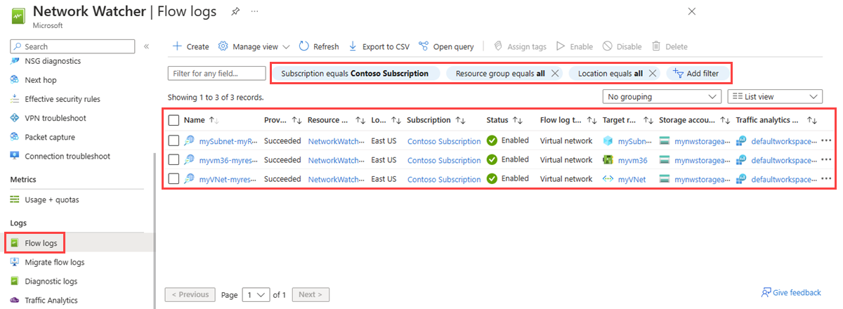 Screenshot that shows how to list existing flow logs in the Azure portal.