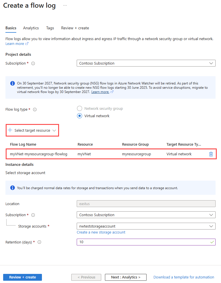 Screenshot of create a flow log page in the Azure portal.
